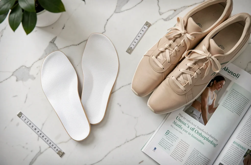 Vue aérienne de semelles Akusoli posées sur marbre blanc avec chaussures et magazine santé