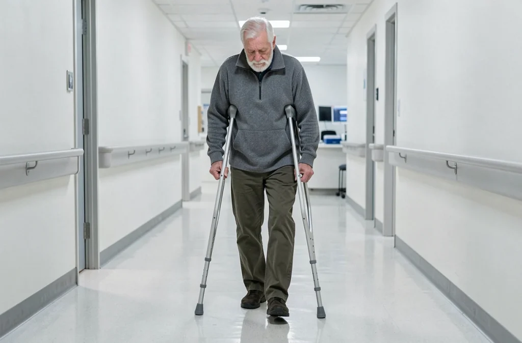 Homme âgé marchant avec une béquille dans un couloir hospitalier, illustrant les difficultés de mobilité liées à la sclérose en plaques