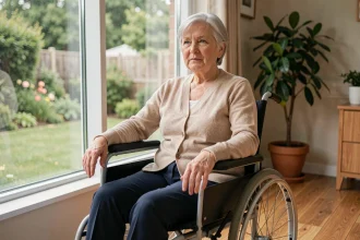 Femme senior atteinte de sclérose en plaques assise en fauteuil roulant près d'une fenêtre lumineuse dans un cadre domestique