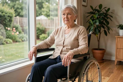 Femme senior atteinte de sclérose en plaques assise en fauteuil roulant près d'une fenêtre lumineuse dans un cadre domestique