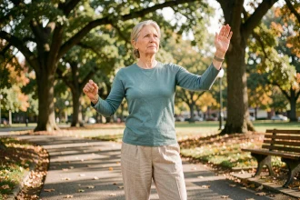Femme de 70 ans pratiquant le tai chi en plein air dans un parc urbain, illustrant l'autonomie des seniors grâce à l'activité physique douce