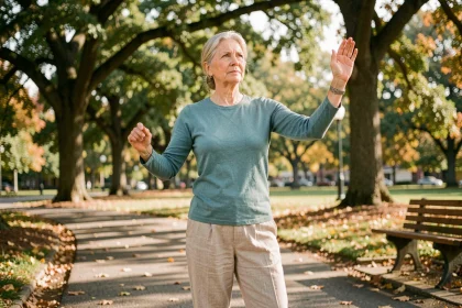 Femme de 70 ans pratiquant le tai chi en plein air dans un parc urbain, illustrant l'autonomie des seniors grâce à l'activité physique douce