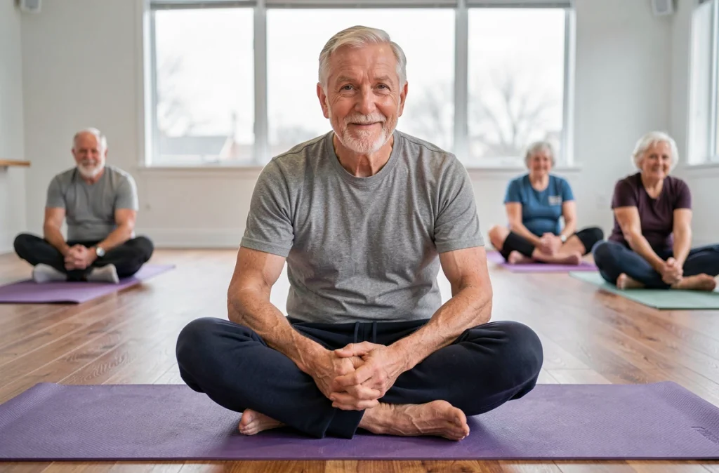 Homme senior participant à un cours de yoga doux en salle communautaire, activité physique adaptée favorisant l'autonomie après 65 ans