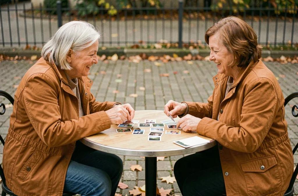 Deux femmes seniors jouant à un jeu de mémoire en plein air pour maintenir leur mémoire active