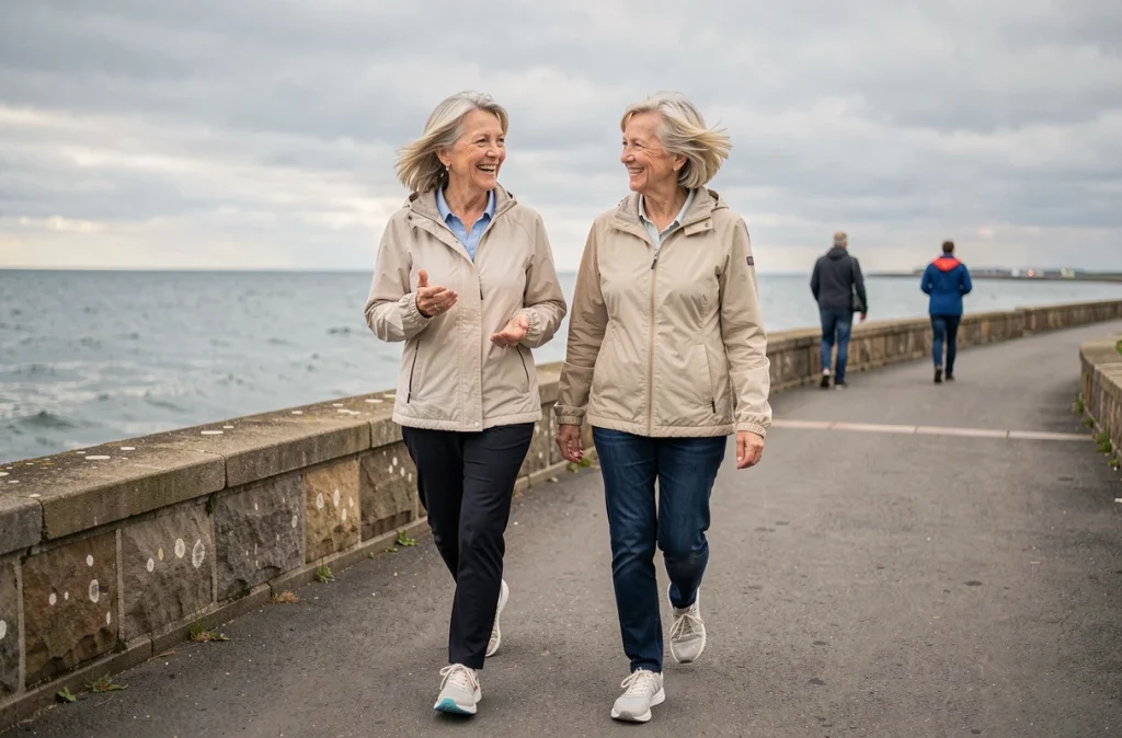 Deux femmes seniors marchant ensemble sur une promenade côtière, illustrant les bienfaits de la marche douce sur l'autonomie des personnes âgées