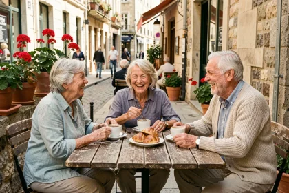 Groupe de seniors riant ensemble autour d'un café en terrasse, illustrant l'importance de la vie sociale pour le bien-être mental des personnes âgées