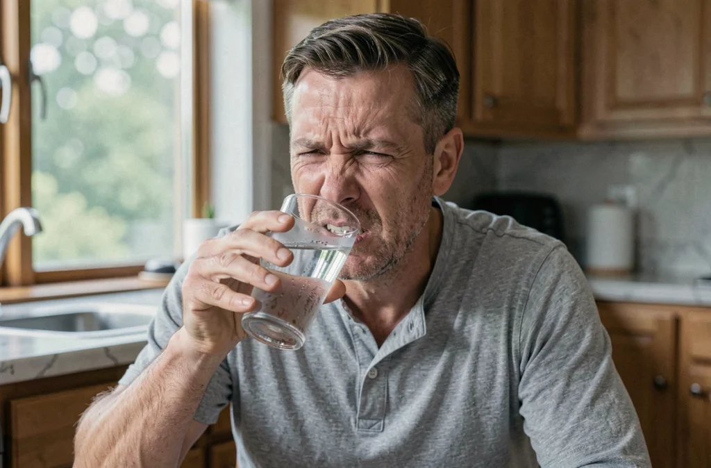 Homme grimaçant de douleur en buvant de l'eau froide à cause d'une sensibilité sur une dent dévitalisée
