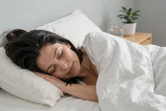 Femme de 35 ans dormant paisiblement dans une chambre minimaliste, illustrant le lien entre sommeil réparateur et gestion du poids corporel