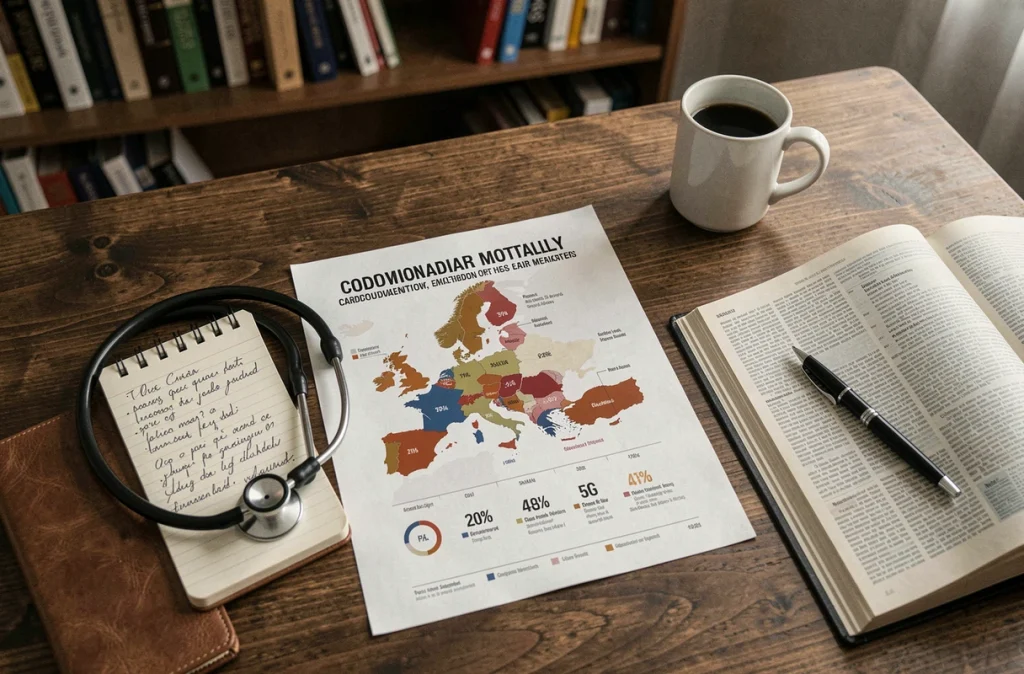 Bureau avec statistiques sur les maladies cardiovasculaires en Europe, stéthoscope et notes médicales