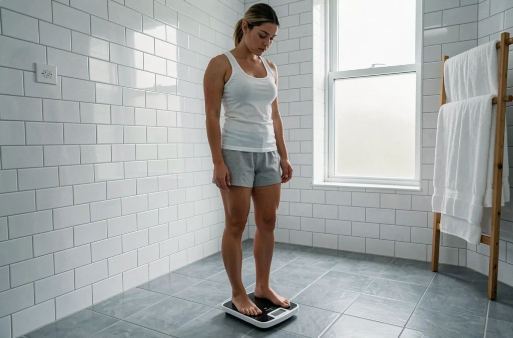Jeune femme se pesant sur une balance numérique le matin dans une salle de bain moderne, représentant le suivi du poids dans le cadre d'un sommeil régulier et équilibré