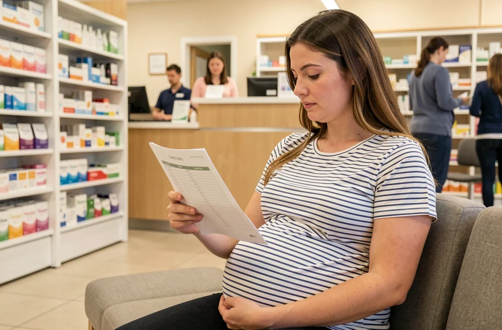 Femme enceinte consultant son calendrier de suivi prénatal dans une pharmacie lumineuse