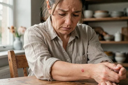 Femme examinant une rougeur circulaire sur son avant-bras, symptôme précoce possible de la maladie de Lyme après une piqûre de tique