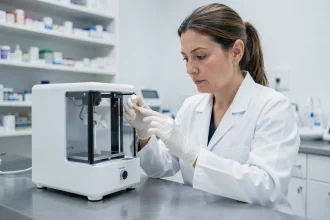 Technicienne dentaire examinant une couronne imprimée en 3D produite par une imprimante résine de cabinet dentaire