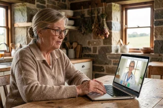 Femme âgée en zone rurale consultant un médecin en téléconsultation via un ordinateur portable dans une cuisine de ferme