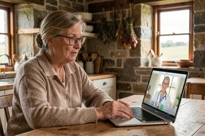 Femme âgée en zone rurale consultant un médecin en téléconsultation via un ordinateur portable dans une cuisine de ferme