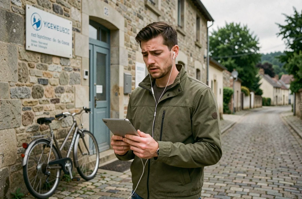 Jeune homme en téléconsultation médicale sur tablette devant un bâtiment de village rural en France