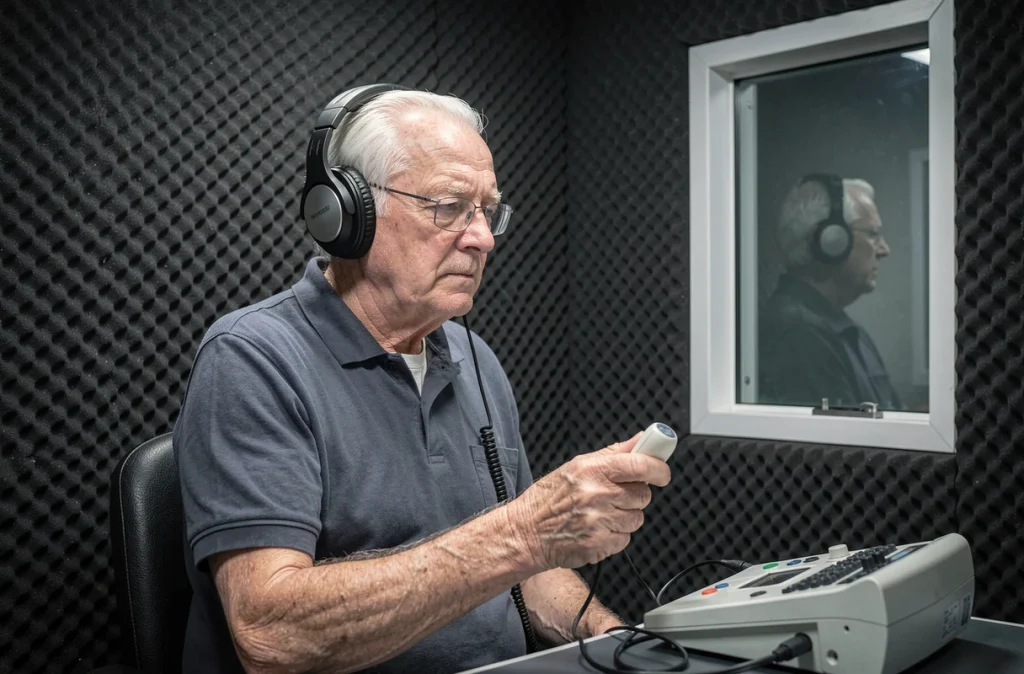 Homme âgé portant un casque audio lors d'un test d'audiométrie en cabine insonorisée