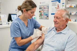 Infirmière administrant un vaccin contre la grippe saisonnière à un patient âgé dans un centre de vaccination français