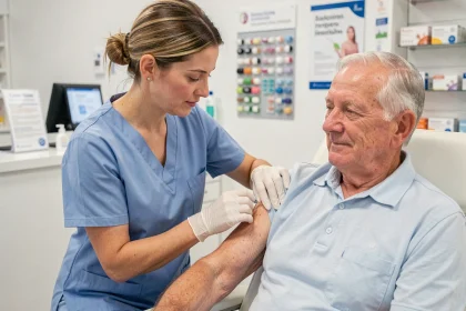 Infirmière administrant un vaccin contre la grippe saisonnière à un patient âgé dans un centre de vaccination français