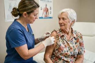Infirmière administrant un vaccin à une femme senior dans un cabinet médical