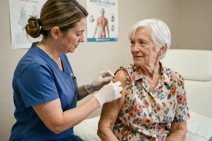 Infirmière administrant un vaccin à une femme senior dans un cabinet médical
