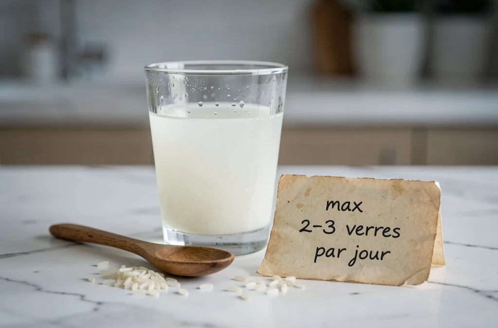 Verre d'eau de riz sur marbre blanc avec grains de riz et note manuscrite indiquant la dose journalière recommandée