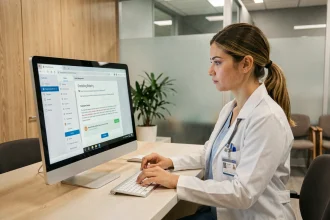 Vétérinaire utilisant le logiciel GmVet 2 à l'accueil d'une nouvelle clinique vétérinaire