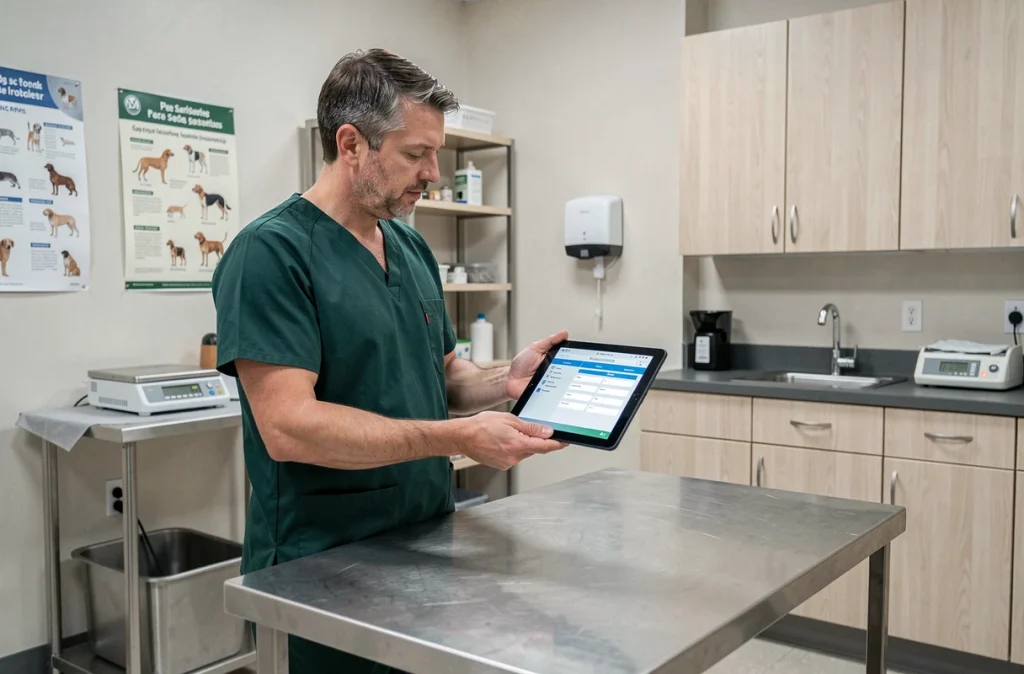 Vétérinaire consultant GmVet 2 sur tablette dans une salle d'examen de clinique vétérinaire
