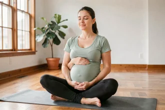 Femme enceinte pratiquant le yoga prénatal sur un tapis dans un studio lumineux aux parois blanches