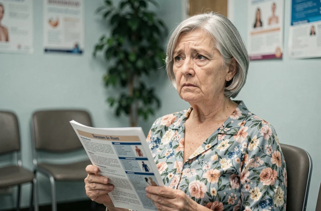 Femme âgée de 60 ans dans une salle d'attente médicale tenant une brochure sur les risques cardiaques de l'alcool et du Ricard