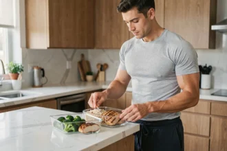 Homme athlétique de 70 kg préparant des repas riches en protéines pour la prise de masse dans une cuisine moderne