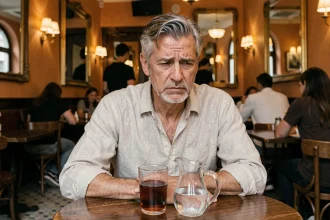 Homme de 55 ans assis dans un café français avec un verre de pastis, expression fatiguée évoquant les effets de l'alcool sur la santé cardiovasculaire