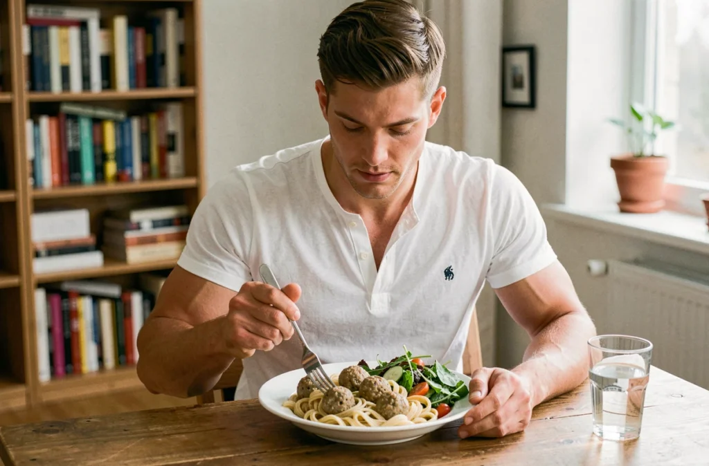 Jeune homme sportif de 70 kg mangeant un repas protéiné digeste pour prise de masse dans un appartement moderne