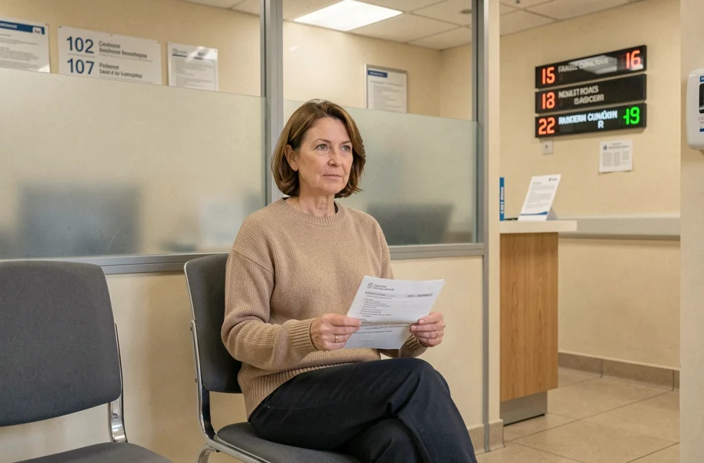 Patiente adulte en salle d'attente d'un laboratoire médical tenant une ordonnance pour prise de sang