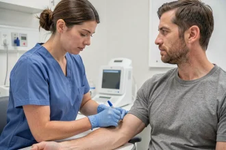 Infirmière réalisant une prise de sang sur un patient adulte dans un laboratoire médical clinique
