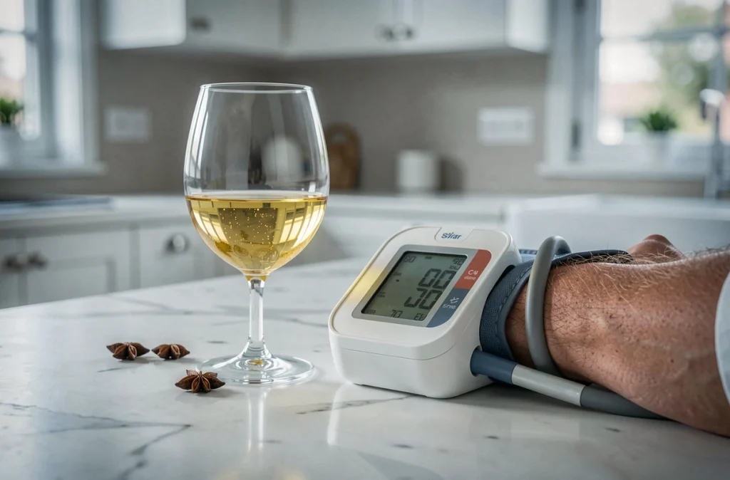 Tensiomètre numérique au poignet posé à côté d'un verre de pastis vide sur un comptoir de cuisine, illustrant les risques du Ricard sur la tension artérielle