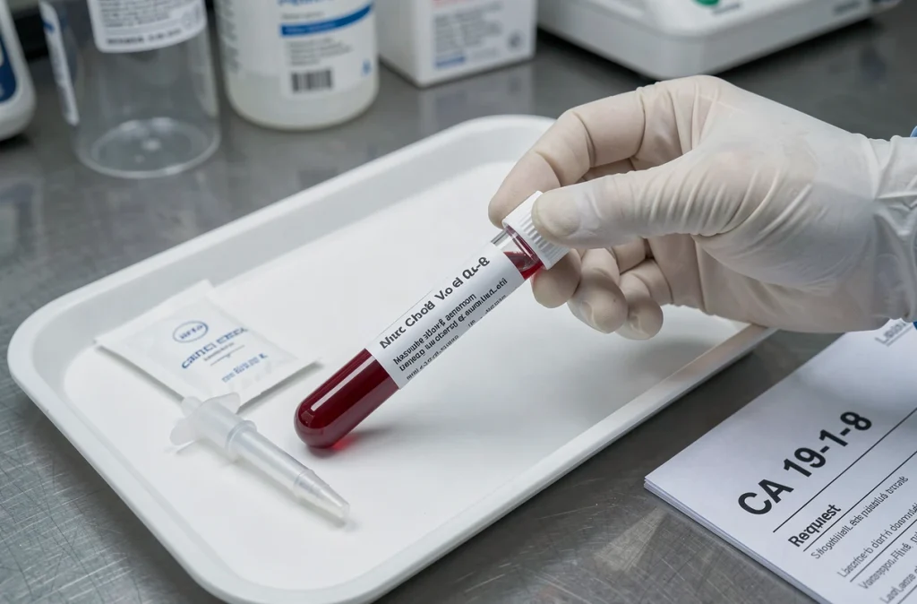 Tube de prélèvement sanguin pour analyse CA 19-9 sur plateau médical stérile en laboratoire