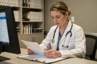 Médecin femme consultant un dossier patient dans un bureau d'hôpital moderne, illustrant la gestion confidentielle des informations médicales
