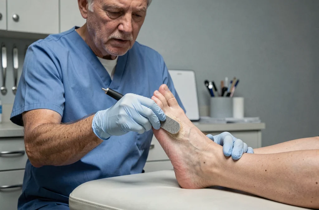 Podologue professionnel en cabinet utilisant une râpe podologique sur le talon d'un patient, illustrant le traitement médical de la corne des pieds